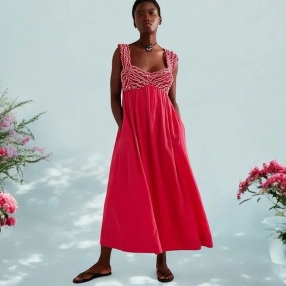 New! Free People Feel The Frill Midi Dress in Love Potion 20976 - Picture 2 of 12